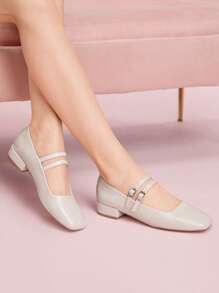 CUCCOO DOLLMOD CUCCOO Fashionable Beige Mary Jane Low Chunky Heel Flats - Chantilly - View 4