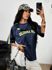 Coolane Women's & Men's Streetwear Over Size Graphics Sports Jersey Metallic Silver Jersey T-Shirt For Music Festival - Blue - View 5