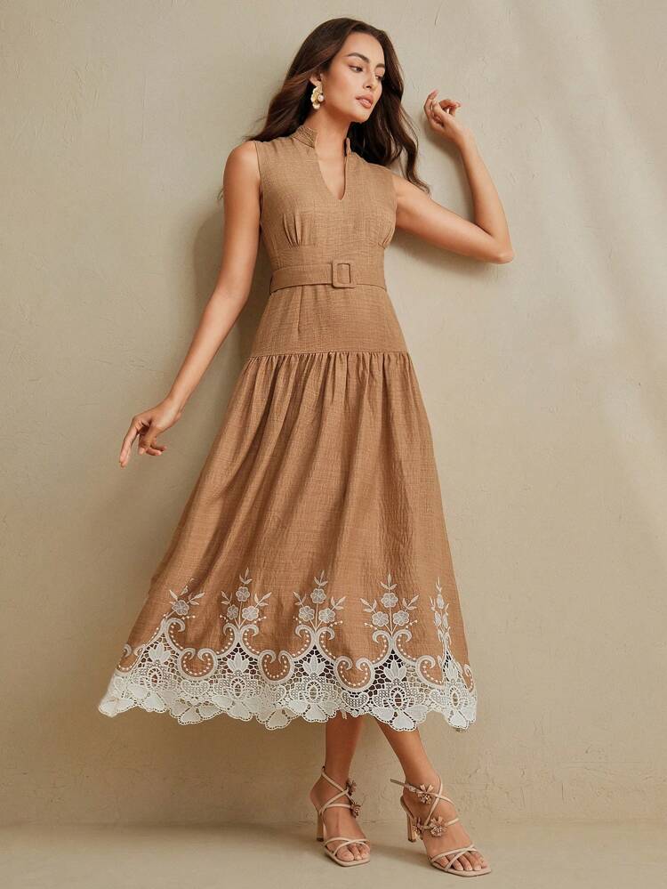 European & American Niche Embroidery Hollow Out Resort Style Waist-Cinched Slimming Long Dress