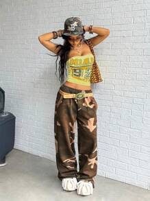 StreetHx Subcultural Letter Print Wrap Chest Crop Top For Women - Yellow - View 4