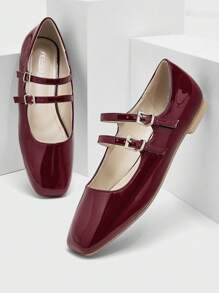 CUCCOO DOLLMOD Zapatos planos de estilo "Mary Jane" de mujer de moda con decoración de hebilla, punta cuadrada, color burdeos, ideales para el Día de San Valentín, vacaciones de verano, vuelta al cole, estudiantes universitarios y Navidad/Otoño BURDEOS "Mary Jane" Año Nuevo