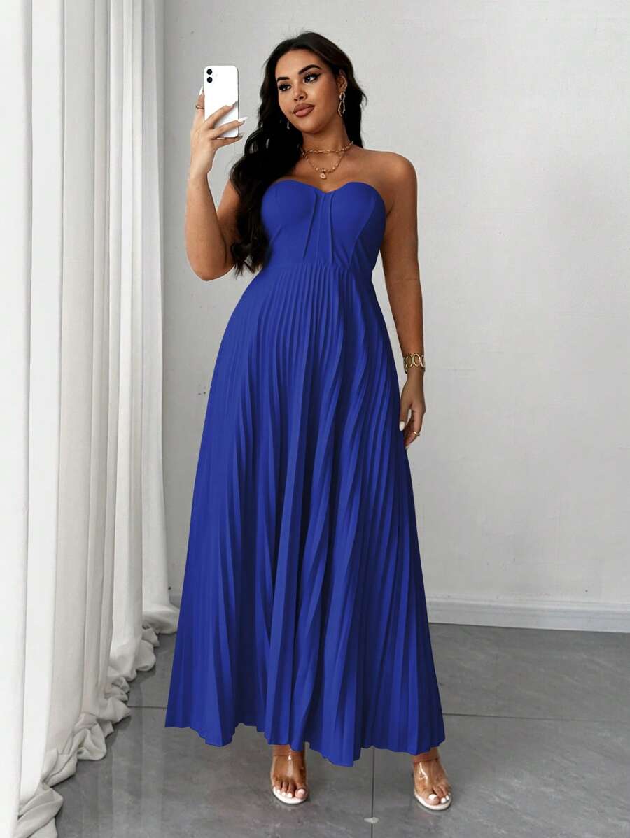 SHEIN Unity Plus Size Women Elegant Romantic Strapless Pleated Dress - Royal Blue - View 1