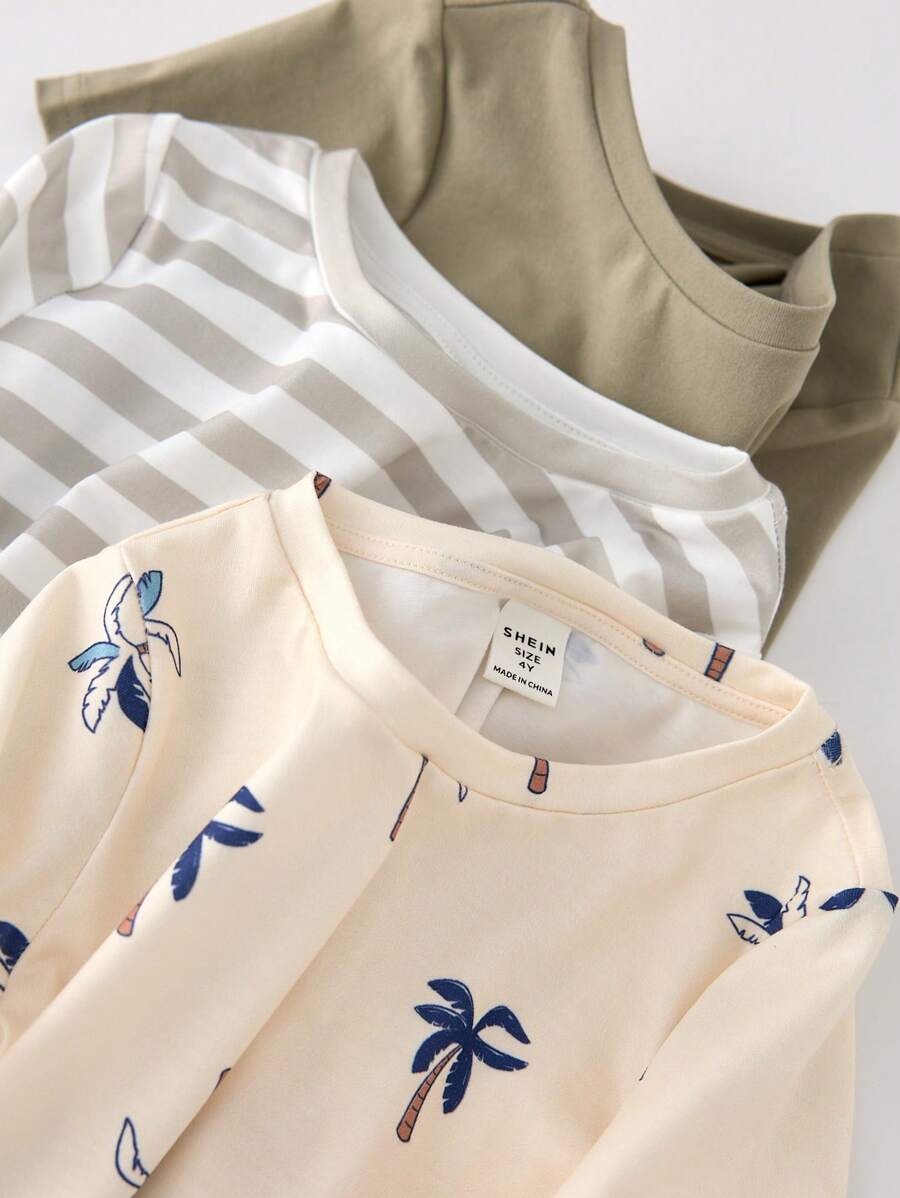 3 件套儿童男童休闲日常度假百搭舒适纯色、条纹和椰子树印花圆领宽松短袖针织 T 恤 3 种款式，适合学校、花园、海滩、生日、春季、夏季、秋季、冬季 - 彩色 - 查看 1