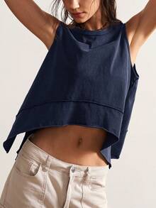 Bohemela Áo ba lỗ màu trơn viền bất đối xứng thường ngày - Màu xanh lam - Xem 6