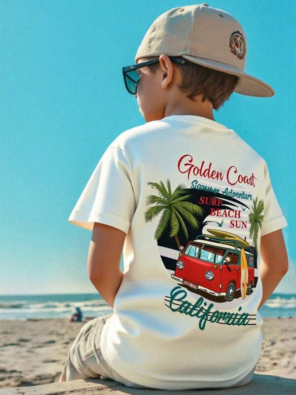 Top casual cu guler rotund, stil vacanță, cu imprimeu, pentru adolescenți, potrivit pentru zi cu zi, vacanță, primăvară și vară