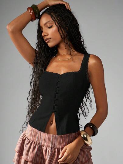 MISSGUIDED 定制亚麻纽扣前吊带背心，带扇贝边夏季节日无袖束腰背心