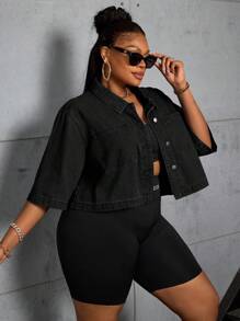 SHEIN SXY Plus Size Women's Non-Stretch Denim Short Jacket Outerwear