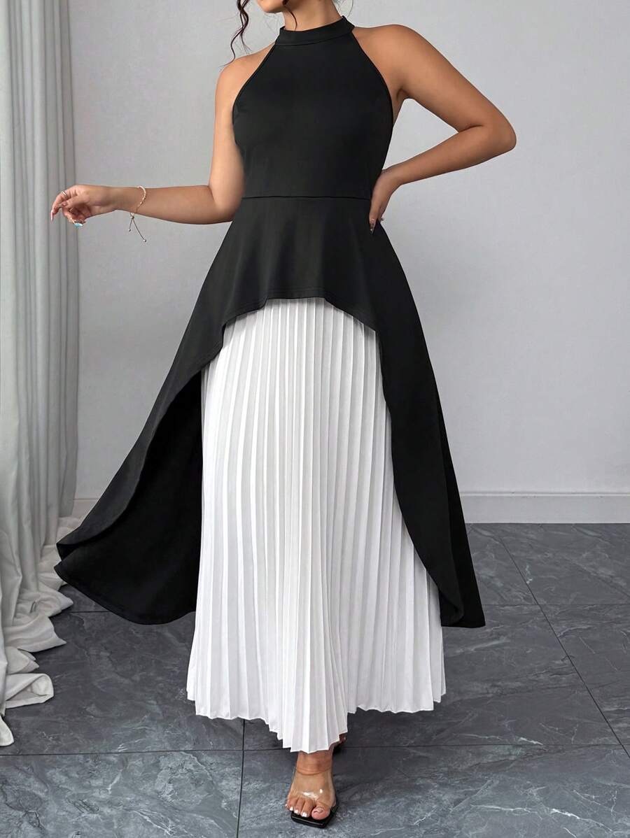 Elenzga Women's Plus Size Stand Collar Color Block Long Dress, Elegant Pleated Dress For Party, Summer - Multicolor - View 1