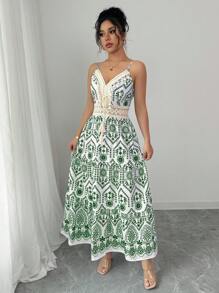 SHEIN Unity 女款休閒碎花細肩帶洋裝，春季 - 綠色 - 查看 6