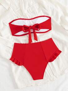 Swim Mod 2pcs Women Summer Beach Vacation Sweet Bowknot Ruffle Trim Bra Top & Shorts Red Bikini Set - Red - View 2