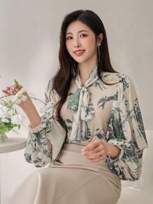 DAZY 女士优雅花卉泡泡袖灯笼袖领结衬衫，春季、秋季女装长袖上衣