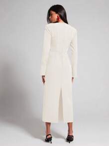 COSMINA 女式黑色高腰喇叭袖开衩中长连衣裙，秋冬款 - 白色 - 查看 2