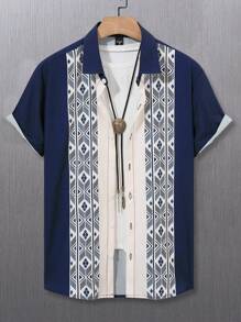 Manfinity RSRT Young Men's Fashionable Casual Short Sleeve Shirt, Slim Fit Button-Down Shirt With Modern And Abstract Geometric Pattern Design, Clean And Contemporary, Adds Structural And Visual Interest, Suitable For Business Casual, Daily Commute, Leisure Holiday Or Semi-Formal Occasions, Holiday Gift, Boyfriend Gift - Navy Blue - View 1