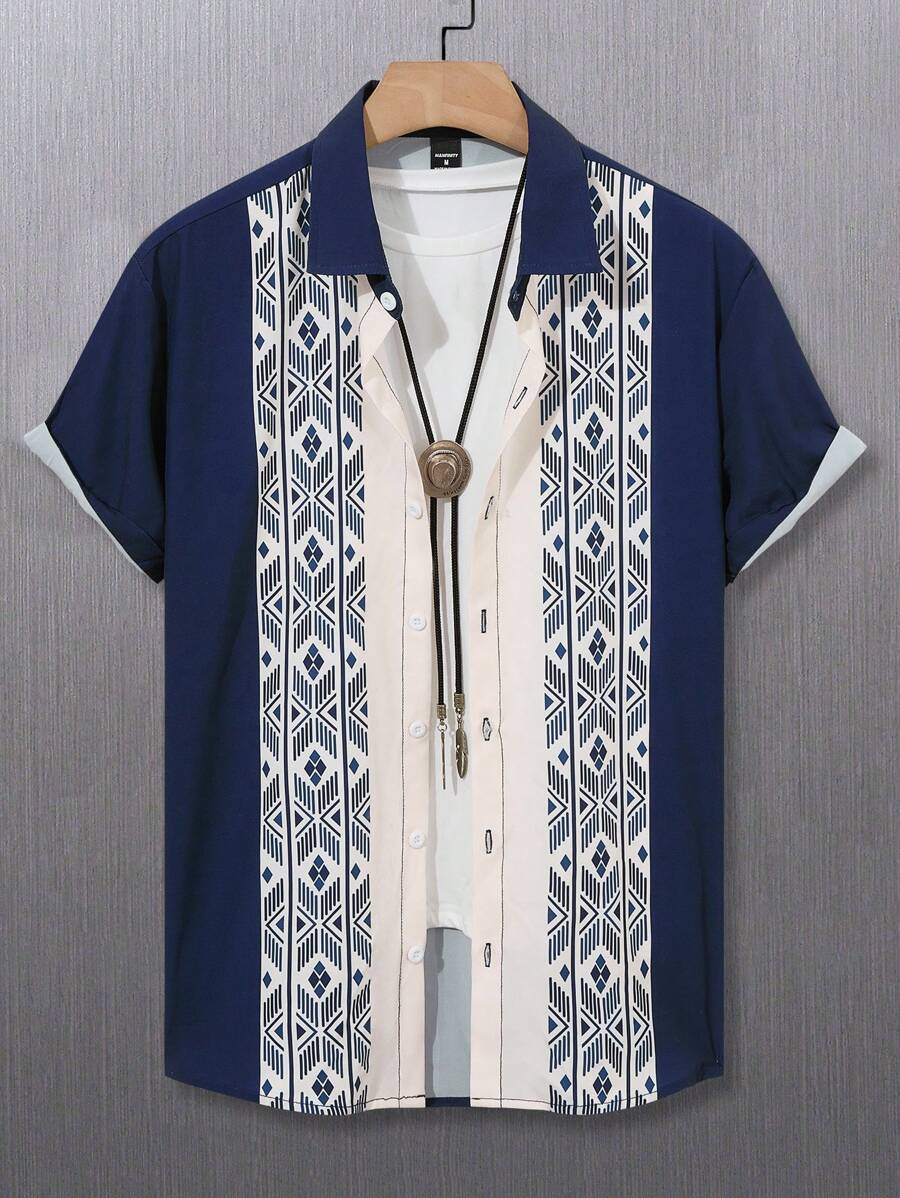 Manfinity RSRT Young Men's Fashionable Casual Short Sleeve Shirt, Slim Fit Button-Down Shirt With Modern And Abstract Geometric Pattern Design, Clean And Contemporary, Adds Structural And Visual Interest, Suitable For Business Casual, Daily Commute, Leisure Holiday Or Semi-Formal Occasions, Holiday Gift, Boyfriend Gift - Navy Blue - View 1