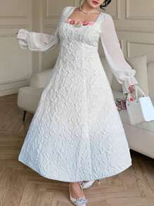 Modelyn Vestido de línea A con cintura ceñida, decoración floral degradada azul, talla grande - Azul - Ver 5