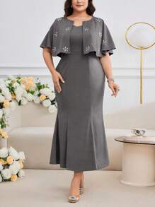 Modelyn 2pcs/Set Women Plus Size Floral Rhinestone Decorated Top And Mermaid Dress, Elegant - Grey - View 7