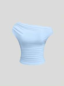 Sweetra Kaos Crop Top Lengan Pendek Leher Asimetris Warna Polos yang Serbaguna & Nyaman - MultiWarna - View 3