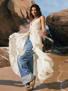 New Arrival Summer Women's Bohemian Style Vacation Retro Vacation Style V-Neck Semi-Sheer Lady Camisole Lotus Leaf - Orange - View 7