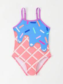 小女孩冰淇淋印花连体泳衣 - 彩色 - 查看 3