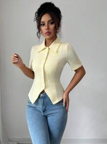Elenzga Women's Solid Color Short Sleeve Single-Breasted Jacquard Knit Shirt-Style T-Shirt