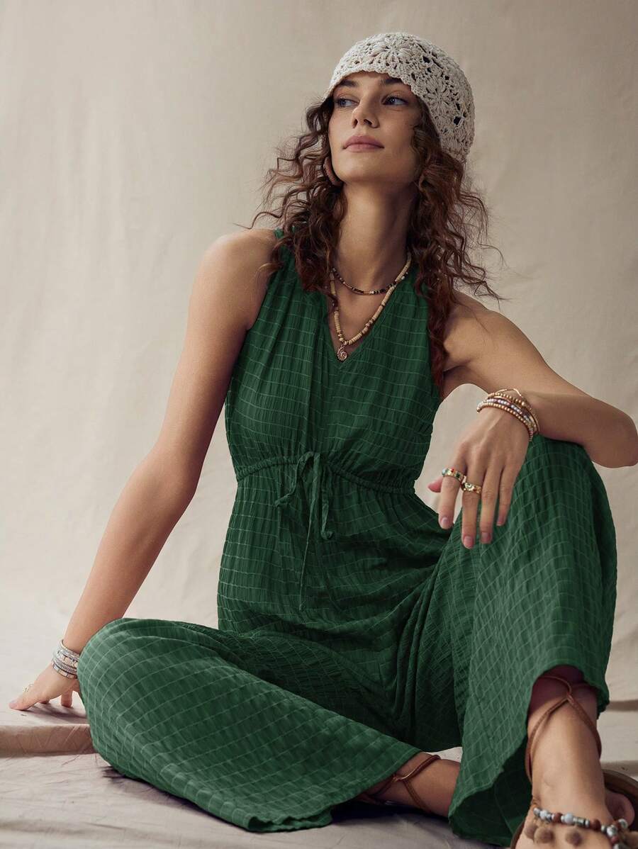 Wildy Bộ đồ liền thân Bohemian cổ chữ V màu nâu dành cho nữ, Bộ đồ liền thân màu xanh lá cây theo phong cách nghỉ dưỡng miền Tây nước Mỹ dành cho nữ Bộ đồ liền thân mùa hè dành cho nữ Bộ đồ liền thân màu xanh lá cây dành cho nữ - Màu xanh lá cây đậm - Xem 1