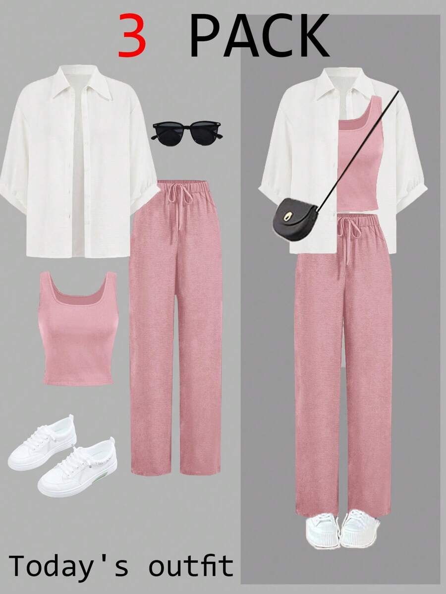 SHEIN LUNE 3 件套女士单色格子衬衫、修身西装外套和阔腿裤秋季套装，2024 年新款