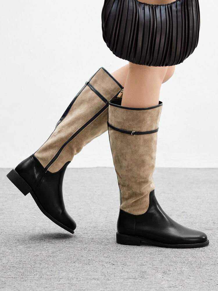 CUCCOO BIZCHIC Black Contrast Patchwork Platform Thigh-High Boots For Women, Side Zipper Closure, Knee-High Long Boots, Comfortable, Versatile, Flat Bottom Women Tall Boots