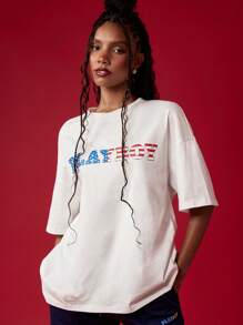 Missguided x Playboy 7 月 4 日标志美国国旗爱国 T 恤男女款复古兔子图案水晶装饰节日夏季独立日休闲街头服饰 - 白色 - 查看 6