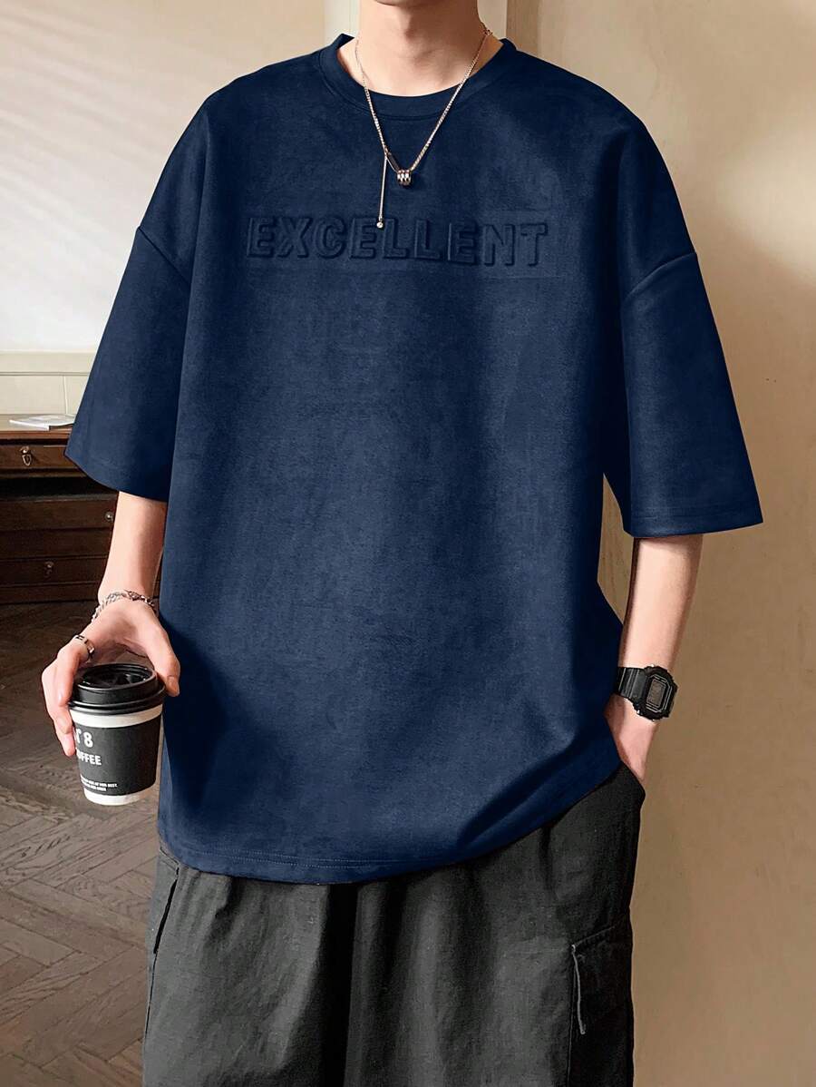 Manfinity Hypemode Men's Navy Blue Summer Casual Streetwear T-Shirt,Suede-Like Fabric Embossed Pattern,City Break Relaxed Dropped Shoulder Oversized Minimalist Tee - Navy Blue - View 1