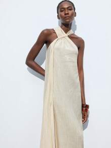 Maija 女式夏季休闲纯色吊带连衣裙 - 杏色 - 查看 7