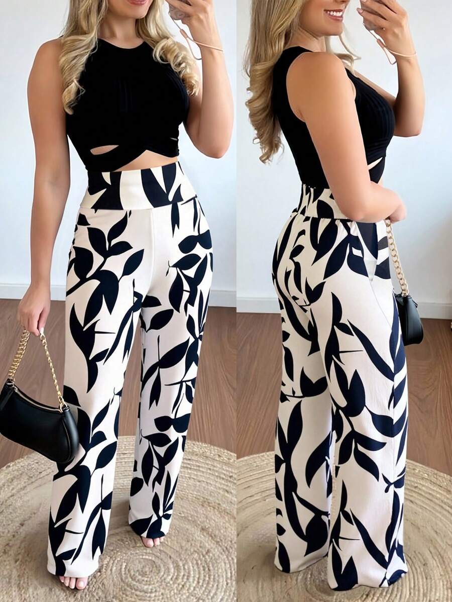MYSTAURA Conjunto de 2 piezas de top ajustado con espalda cruzada y pantalones rectos elegante y sexy para mujer - Albaricoque - Ver 1
