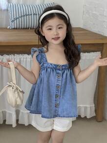 SHEIN Young Girl Blue Denim Ruffle Sleeve Oversized Top, Spring And Summer