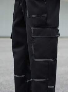 Manfinity Homme Men's Casual Multi-Pocket Drawstring Cargo Pants - Black - View 5