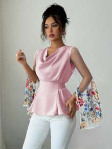 Elenzga Women's Elegant Embroidery Splice Loose Collar Gathered Waist Shirt - Pink - View 3
