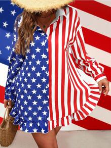 SHEIN LUNE Plus Size Women Independence Day American Flag Digital Print Ruffle Collar Button Loose Blouse - Multicolor - View 6