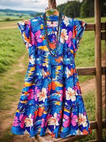 EMERY ROSE 大码女式花卉印花圆领荷叶边袖娃娃裙休闲度假连衣裙，夏季 - 彩色 - 查看 2