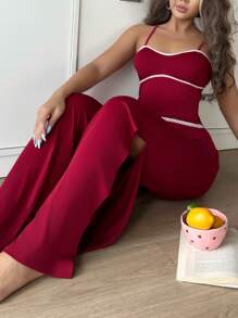 女士休闲性感高开叉连体裤家居服 - 酒紅色 - 查看 5