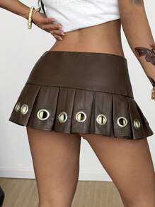 Coolane 女士夏季外出音乐节街头服饰复古 Y2K 黑色迷你百褶裙 - 棕色 - 查看 2