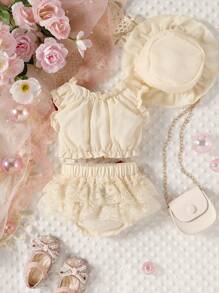 Baby Girl Frill Trim Top & Bow Front Shorts & Accessory Hat Set - Apricot - View 2
