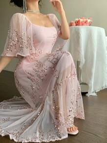 DAZY Đầm midi voan in hoa cổ vuông viền bèo cho nữ, thích hợp cho ngày Valentine, đi nghỉ mát hoặc lễ Phục sinh. - Màu Hồng baby - Xem 8