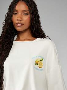 MISSGUIDED Oversized Summer Lemon Print T-Shirt Zesty Citrus Graphic Cotton Blend Casual Loungewear Statement Top Beach Vacation Resort Wear - White - View 6