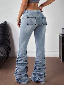 Jeanoix Women's Pocket Pleated Flare Casual Versatile Denim Jeans - Blue - View 1