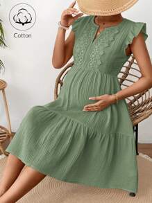 SHEIN Maternity Contrast Lace Cap Sleeve Elegant Dress - Green - View 6