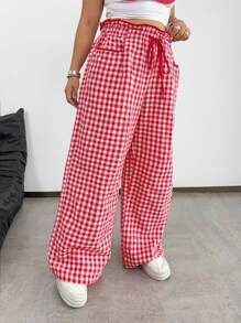 Flirla 返校季格子休闲高腰修身设计直筒大码裤子 - 彩色 - 查看 3