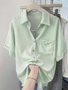 INAWLY 女士休闲条纹短袖衬衫，夏季 - 綠色 - 查看 4