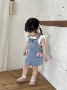 SHEIN Baby Girl Cute Pink Ribbon Bow Denim Dress,Spring And Summer Casual Vacation Country Boho Wear