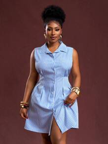 Veslaya Spring & Summer New Women Plus Size Elegant Commuter Casual Office Blue & White Striped Woven Fabric Sleeveless Waist Cinched Shirt Dress,Old Money Style Women,Business Casual Woman Plus Size Striped Dress Striped Dress For Women Blue Striped Dress Valentine's Day Outfit - Blue and White - View 5