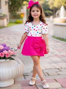 Emery Rose Kids Emery Rose Kids 2 件套少女心形设计针织圆领 T 恤和修身针织短裙套装 - 玫紅色 - 查看 9