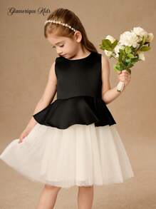 Glamorique Kids Young Girl Princess Style Contrast Color Contrast Mesh Slip Dress, Vintage Elegant Summer Dress - Black - View 6