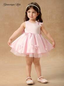 Glamorique Kids 浅粉色缎面花童礼服，丝带蝴蝶结装饰 V 领，优雅高端公主风格，适合婚礼和儿童 - 淺粉色 - 查看 4